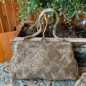 Beaded Evening Bag Silver Glass Bead Purse Vintage Korea Kiss lock